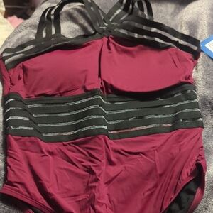 Burgundy and Black Striped Swimsuit